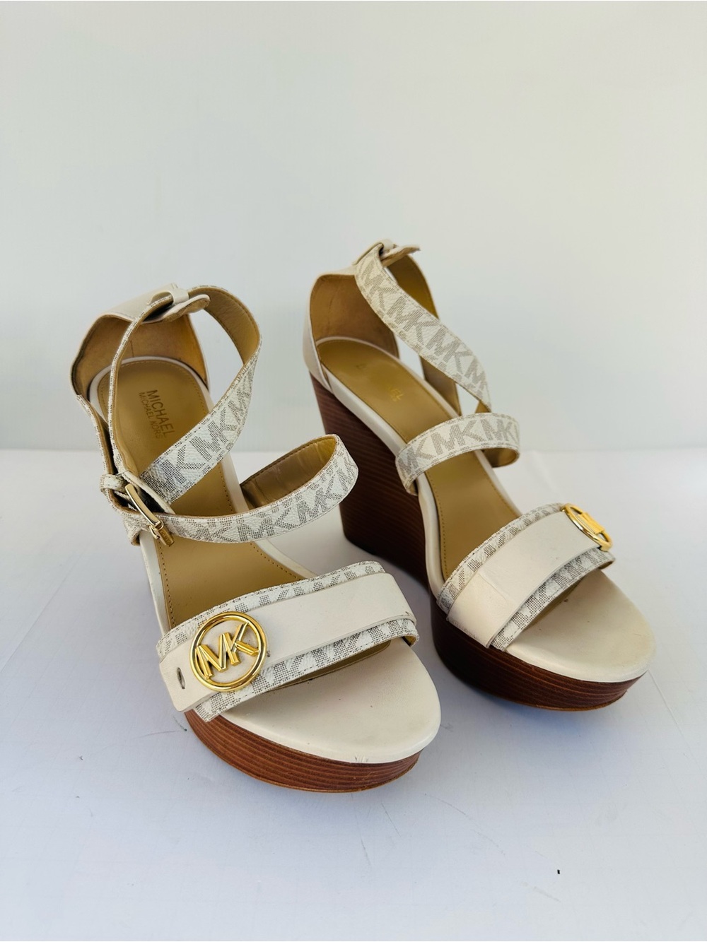 MICHAEL Michael Kors White Monogram MK Logo Platform Wedge Sandals 8.5M